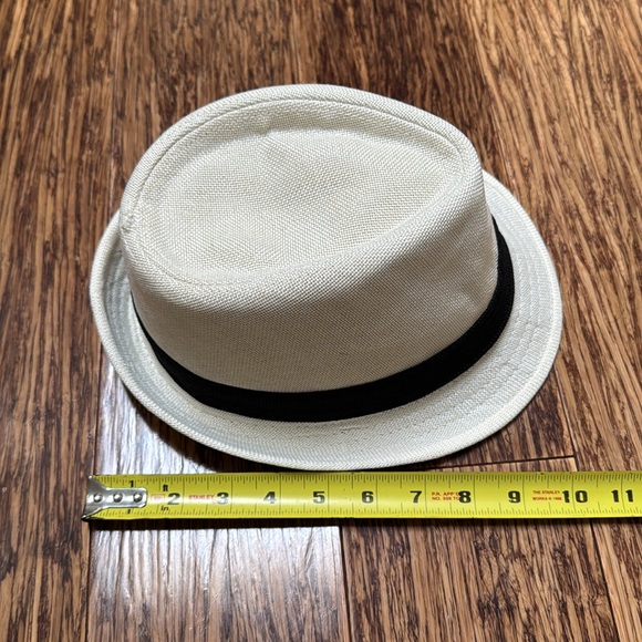 Vintage cream off-white black trim woven fabric fedora hat one size - Picture 10 of 13